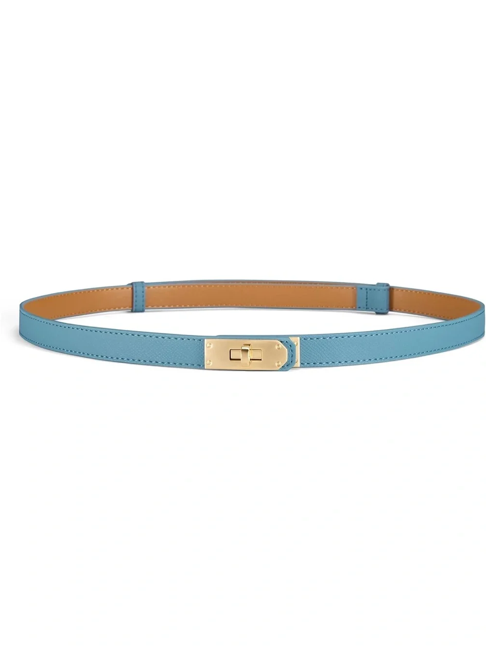 Leather Skinny Belt in Light Blue with Gold Buckle